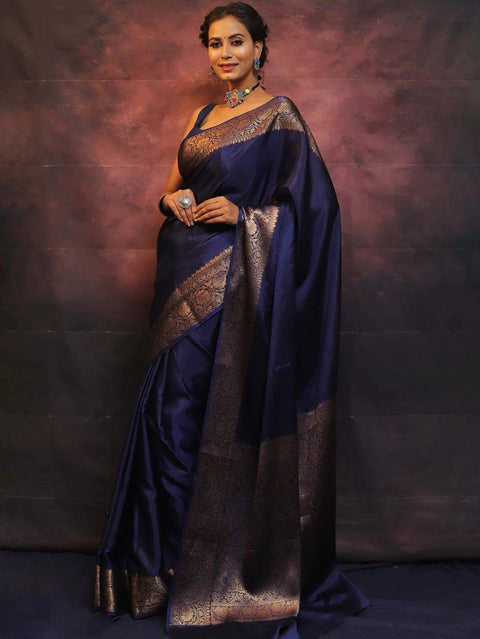 VastraLakshmi Gossamer Navy Blue Soft Silk Saree With Nemesis Blouse Piece