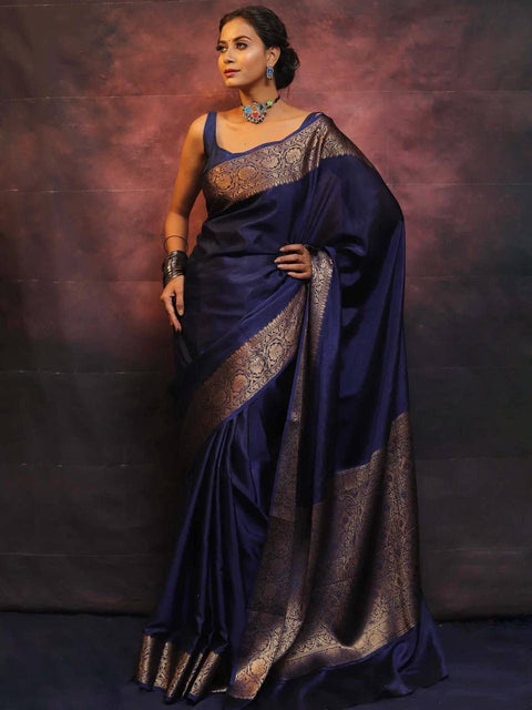 VastraLakshmi Gossamer Navy Blue Soft Silk Saree With Nemesis Blouse Piece