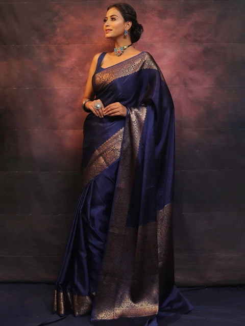 VastraLakshmi Gossamer Navy Blue Soft Silk Saree With Nemesis Blouse Piece