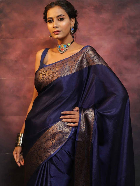 VastraLakshmi Gossamer Navy Blue Soft Silk Saree With Nemesis Blouse Piece