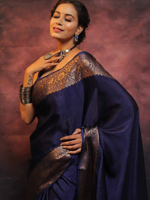 VastraLakshmi Gossamer Navy Blue Soft Silk Saree With Nemesis Blouse Piece