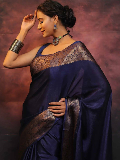 VastraLakshmi Gossamer Navy Blue Soft Silk Saree With Nemesis Blouse Piece