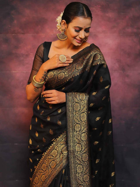 VastraLakshmi Sophisticated Black Soft Silk Saree With Twirling Blouse Piece