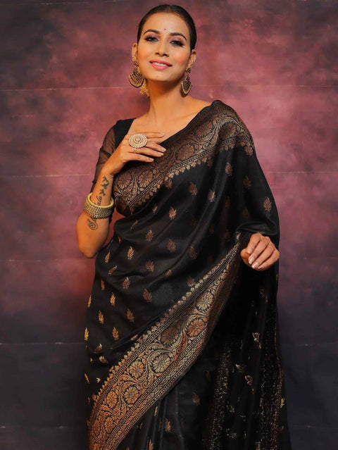 VastraLakshmi Sophisticated Black Soft Silk Saree With Twirling Blouse Piece