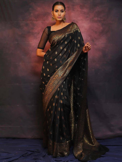 VastraLakshmi Sophisticated Black Soft Silk Saree With Twirling Blouse Piece