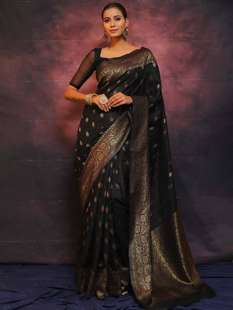 VastraLakshmi Sophisticated Black Soft Silk Saree With Twirling Blouse Piece