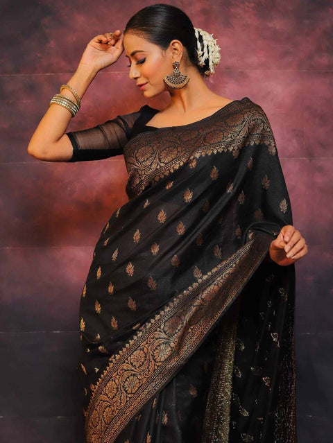 VastraLakshmi Sophisticated Black Soft Silk Saree With Twirling Blouse Piece