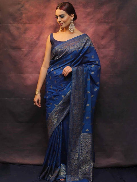 VastraLakshmi Precious Blue Soft Silk Saree With Flamboyant Blouse Piece