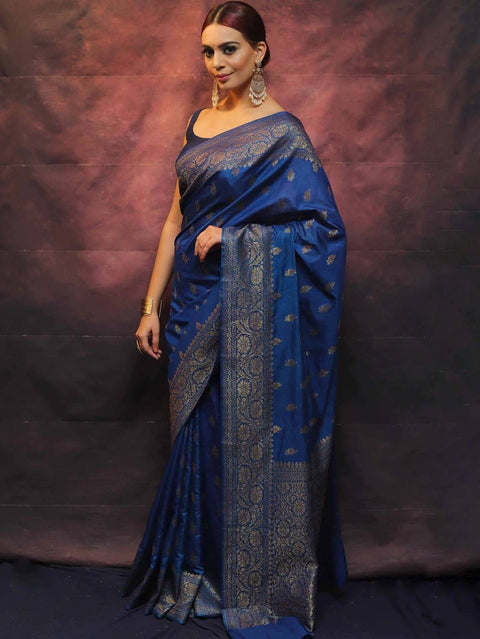 VastraLakshmi Precious Blue Soft Silk Saree With Flamboyant Blouse Piece