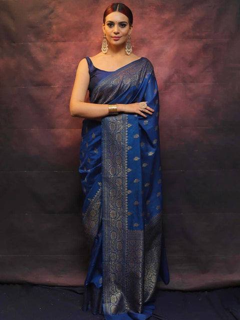 VastraLakshmi Precious Blue Soft Silk Saree With Flamboyant Blouse Piece