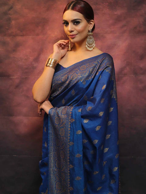 VastraLakshmi Precious Blue Soft Silk Saree With Flamboyant Blouse Piece