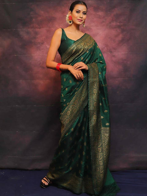 VastraLakshmi Adorning Dark Green Soft Silk Saree With Prominent Blouse Piece