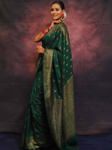 VastraLakshmi Adorning Dark Green Soft Silk Saree With Prominent Blouse Piece