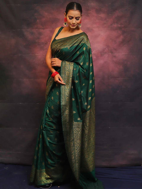 VastraLakshmi Adorning Dark Green Soft Silk Saree With Prominent Blouse Piece