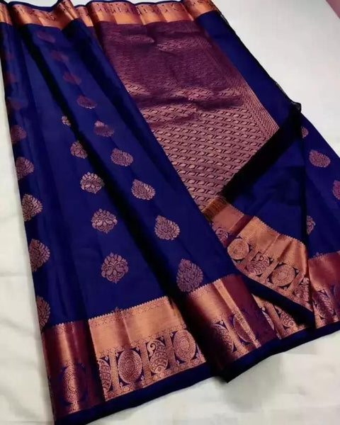 VastraLakshmi Diaphanous Navy Blue Soft Silk Saree With Confounding Blouse Piece