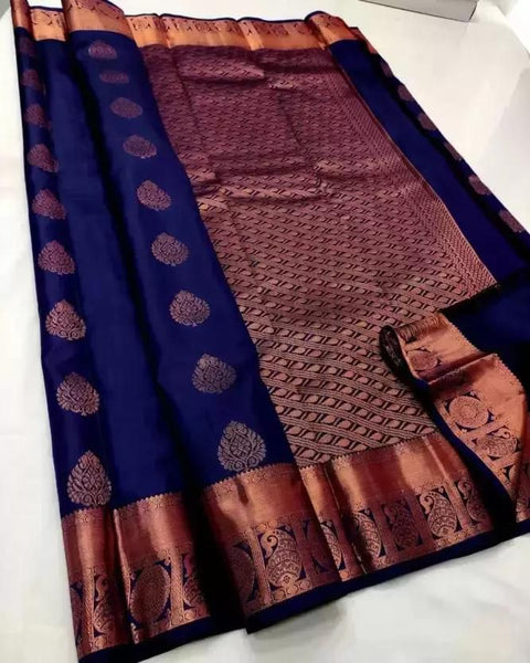 VastraLakshmi Diaphanous Navy Blue Soft Silk Saree With Confounding Blouse Piece