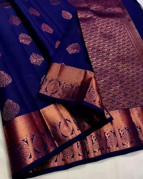 VastraLakshmi Diaphanous Navy Blue Soft Silk Saree With Confounding Blouse Piece