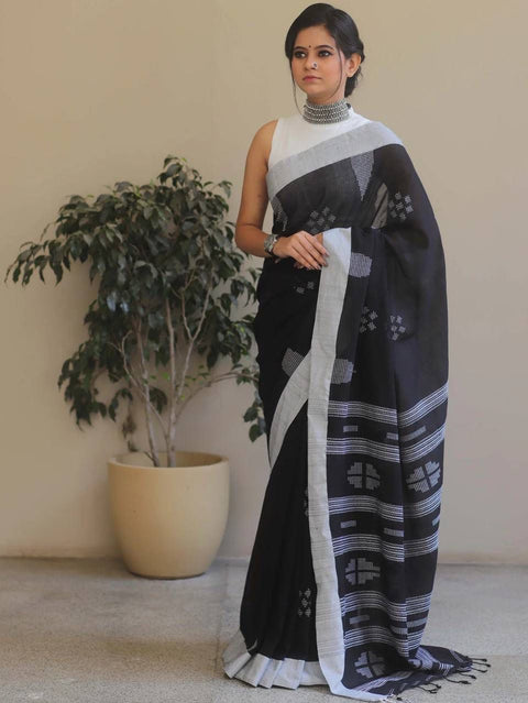 VastraLakshmi Petrichor Black Cotton Silk Saree With Traditional Blouse Piece