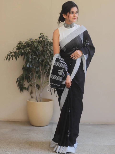 VastraLakshmi Petrichor Black Cotton Silk Saree With Traditional Blouse Piece