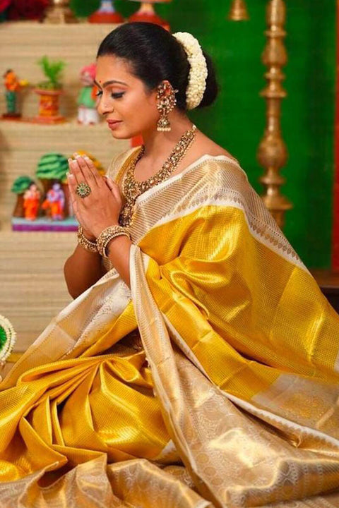 VastraLakshmi Bucolic Yellow Kanjivaram Silk Saree With Smashing Blouse Piece