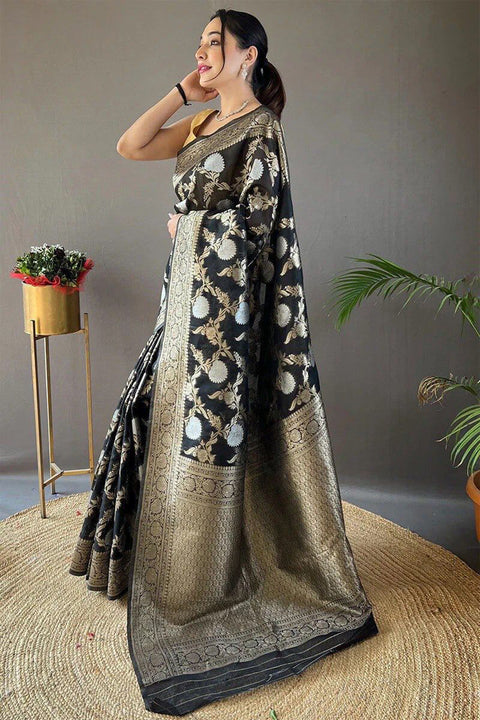 VastraLakshmi Delightful Black Cotton Silk Saree With Flamboyant Blouse Piece