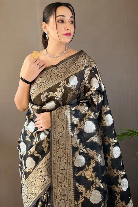 VastraLakshmi Delightful Black Cotton Silk Saree With Flamboyant Blouse Piece