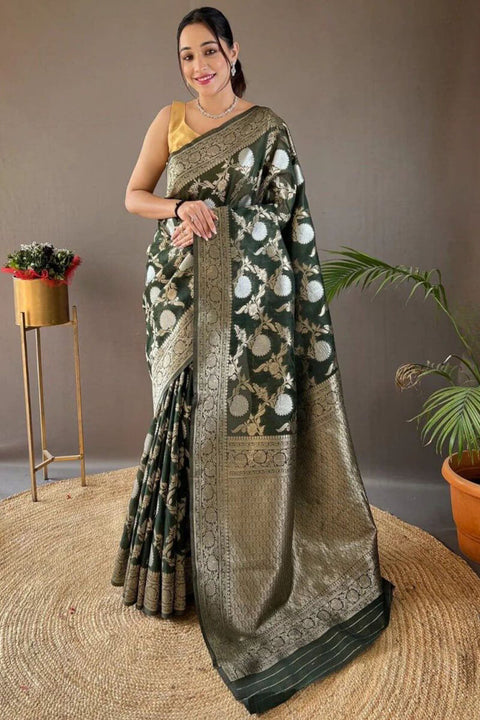 VastraLakshmi Blissful Dark Green Cotton Silk Saree With Adoring Blouse Piece