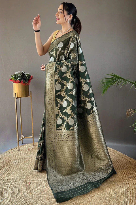 VastraLakshmi Blissful Dark Green Cotton Silk Saree With Adoring Blouse Piece