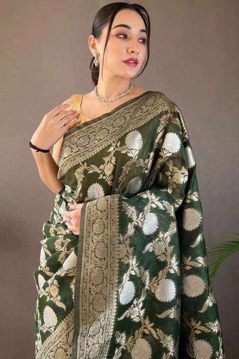 VastraLakshmi Blissful Dark Green Cotton Silk Saree With Adoring Blouse Piece