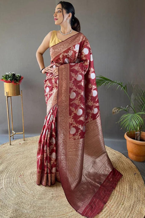 VastraLakshmi Dissemble Maroon Cotton Silk Saree With Epiphany Blouse Piece