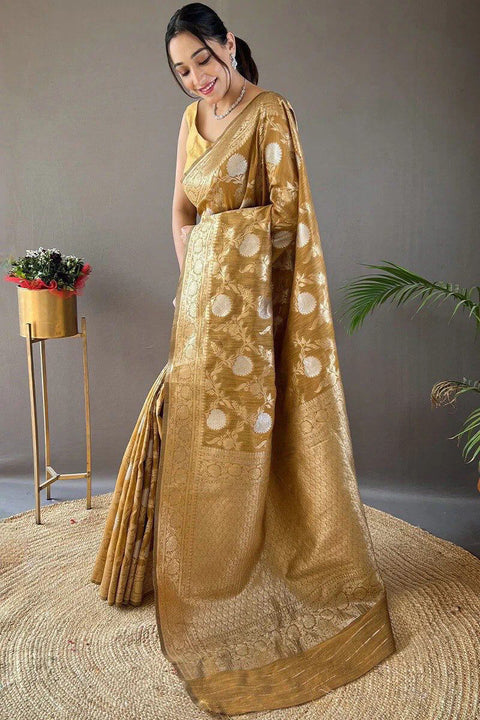 VastraLakshmi Lissome Mustard Cotton Silk Saree With Petrichor Blouse Piece