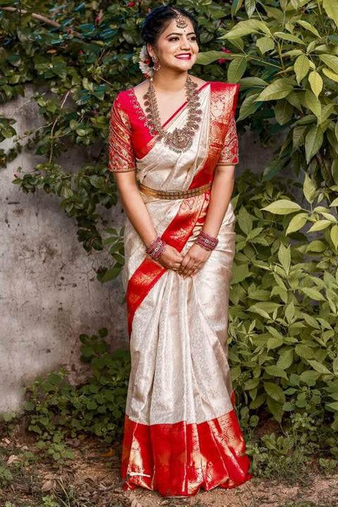 VastraLakshmi Palimpsest Off White Soft Silk Saree With Gossamer Blouse Piece