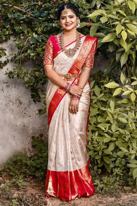 VastraLakshmi Palimpsest Off White Soft Silk Saree With Gossamer Blouse Piece