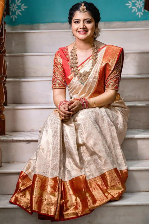 VastraLakshmi Palimpsest Off White Soft Silk Saree With Gossamer Blouse Piece