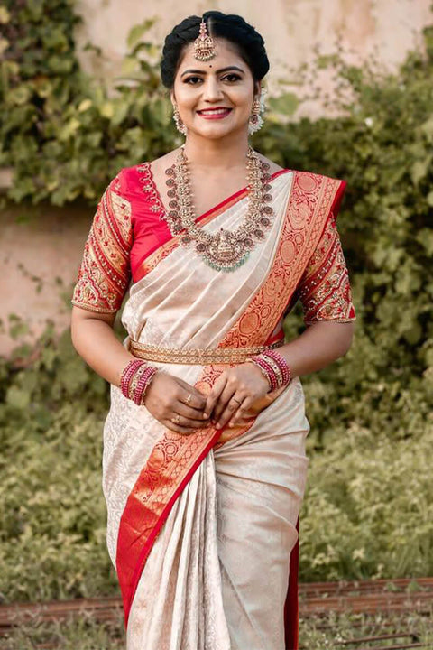 VastraLakshmi Palimpsest Off White Soft Silk Saree With Gossamer Blouse Piece