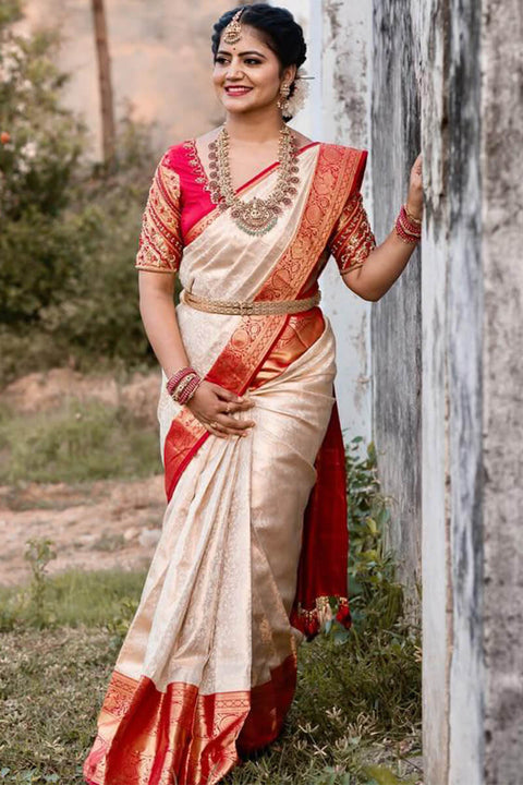 VastraLakshmi Palimpsest Off White Soft Silk Saree With Gossamer Blouse Piece