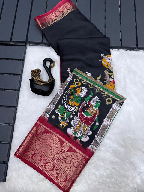 VastraLakshmi Classy Black Digital Printed Dola Silk Saree With Lovely Blouse Piece