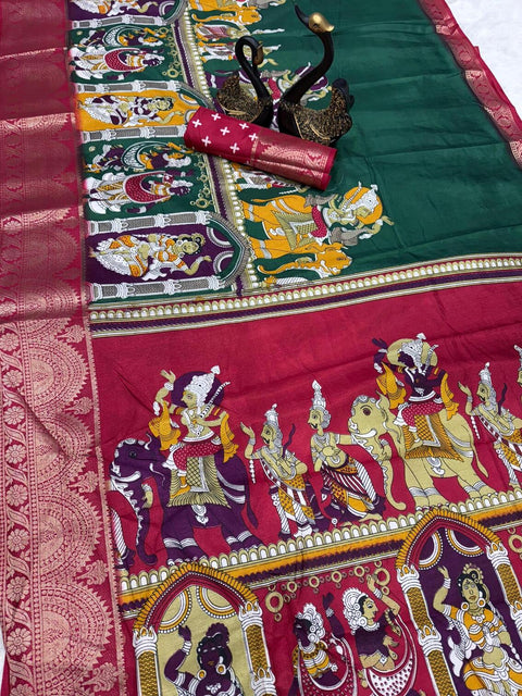 VastraLakshmi Gorgeous Dark Green Digital Printed Dola Silk Saree With Dazzling Blouse Piece