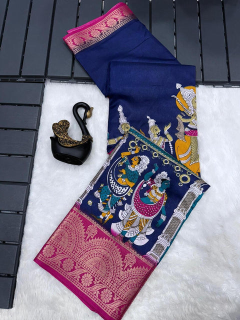 VastraLakshmi Ravishing Navy Blue Digital Printed Dola Silk Saree With Groovy Blouse Piece