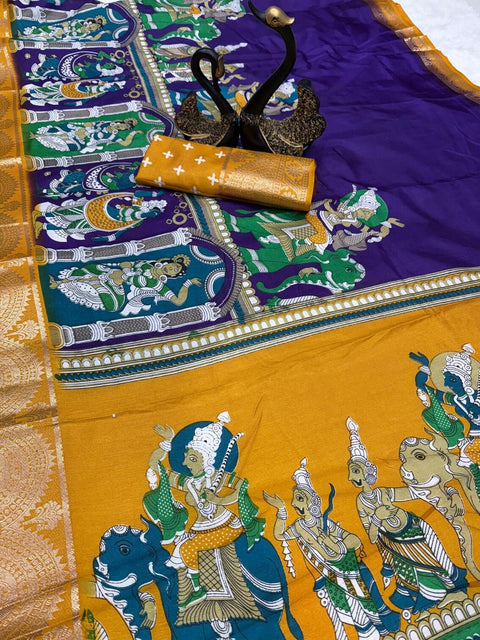 VastraLakshmi Chatoyant Royal Blue Digital Printed Dola Silk Saree With Assemblage Blouse Piece