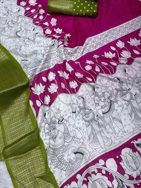 VastraLakshmi Elision Dark Pink Digital Printed Dola Silk Saree With Snazzy Blouse Piece