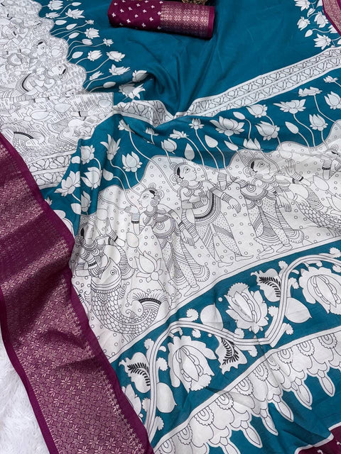 VastraLakshmi Tempting Firozi Digital Printed Dola Silk Saree With Resplendent Blouse Piece