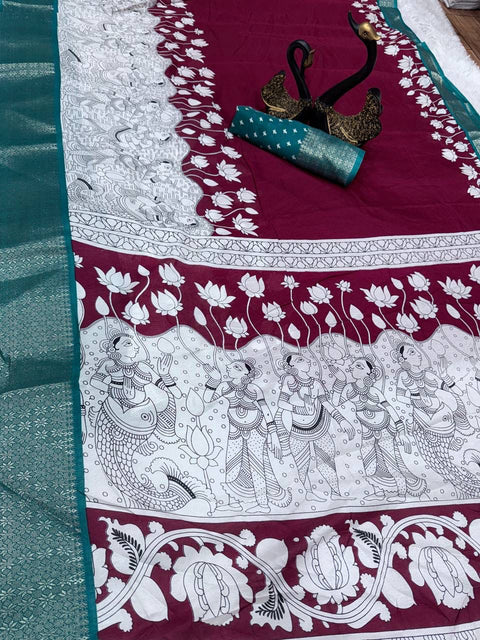 VastraLakshmi Panache Maroon Digital Printed Dola Silk Saree With Quixotic Blouse Piece