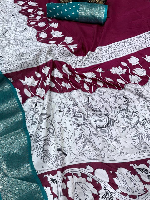 VastraLakshmi Panache Maroon Digital Printed Dola Silk Saree With Quixotic Blouse Piece