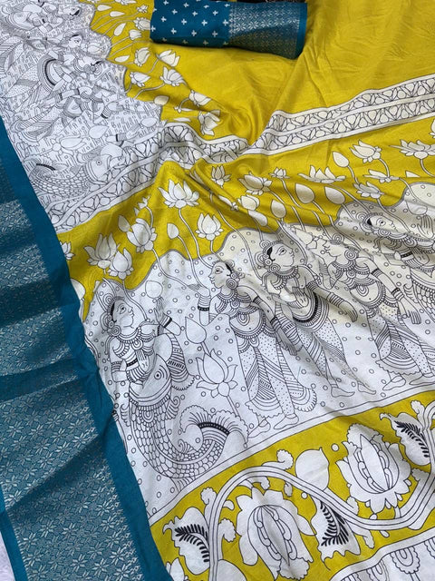 VastraLakshmi Lustrous Yellow Digital Printed Dola Silk Saree With Exemplary Blouse Piece