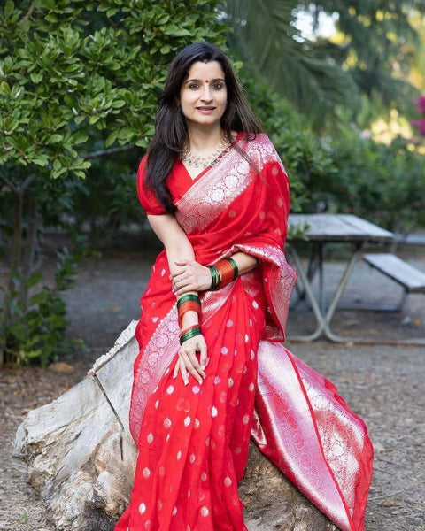 VastraLakshmi Nebula Red Cotton Silk Saree With Beguiling Blouse Piece