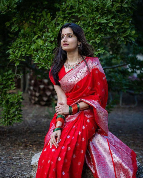 VastraLakshmi Nebula Red Cotton Silk Saree With Beguiling Blouse Piece