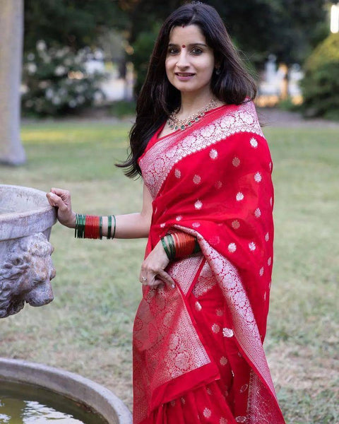 VastraLakshmi Nebula Red Cotton Silk Saree With Beguiling Blouse Piece