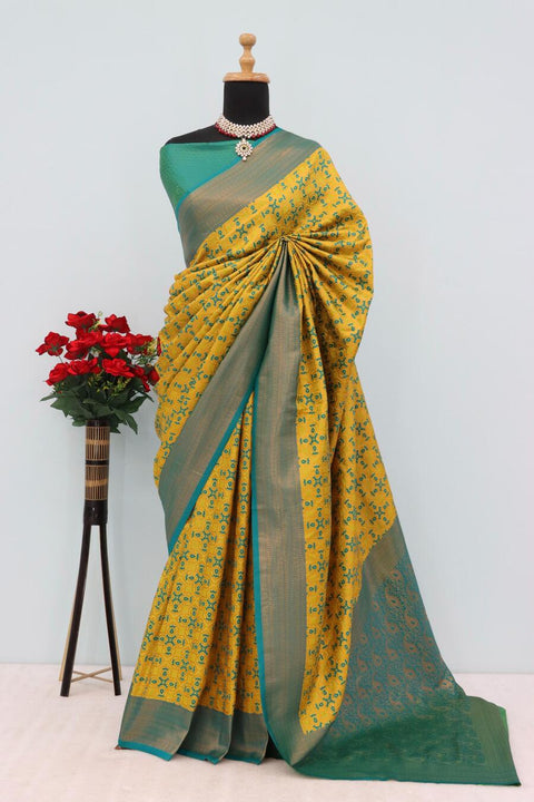 VastraLakshmi Imbrication Yellow Soft Banarasi Silk Saree With Propinquity Blouse Piece