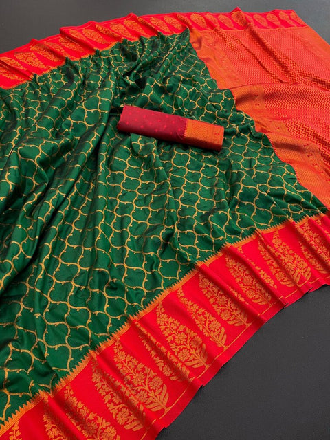 VastraLakshmi Lovely Dark Green Soft Banarasi Silk Saree With Unique Blouse Piece